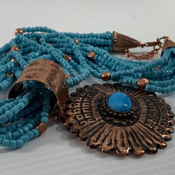 Turquoise Colored Necklace Multistrand Beaded Large Copper Colored Pendant 25" - Picture 13 of 14